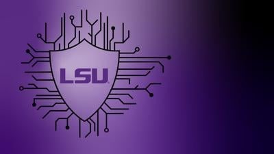 LSU logo inside a shied on a purple background