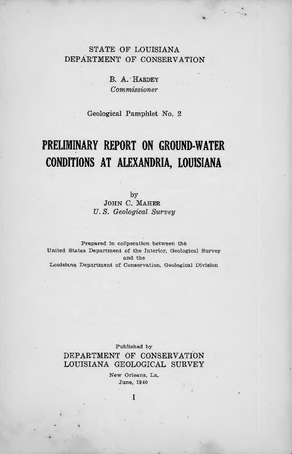 Preliminary Report on Ground-Water Conditions at Alexandria, Louisiana Preliminary Report on Ground-Water Conditions at Alexandria, Louisiana