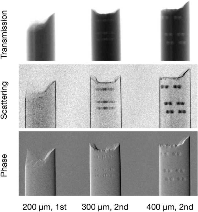 X-ray interferometry images of dumbbells with three different size voids and Cantor dust fractals of order = 1 and 2. 